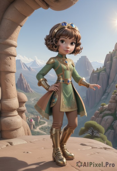 1girl,solo,looking at viewer,short hair,bangs,brown hair,long sleeves,dress,brown eyes,jewelry,closed mouth,standing,full body,boots,outdoors,sky,day,pants,artist name,cloud,signature,armor,tree,blue sky,lips,hand on hip,shadow,watermark,brown footwear,knee boots,goggles,curly hair,goggles on head,rock,mountain,fantasy,sand,sun,armored boots,brown pants,desert,cliff,smile,hairband,small breasts,sunlight,tiara,scenery,green dress