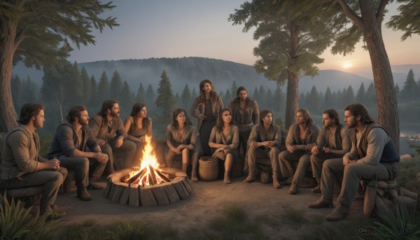 1girl,long hair,short hair,multiple girls,brown hair,shirt,black hair,sitting,jacket,boots,outdoors,food,multiple boys,sky,pants,tree,facial hair,backpack,suspenders,grass,fire,nature,beard,forest,6+boys,mountain,mustache,cooking,log,tent,campfire,2girls,vest,squatting