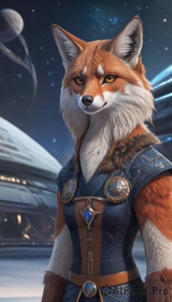 1girl,solo,looking at viewer,smile,animal ears,brown eyes,jewelry,closed mouth,standing,tail,upper body,outdoors,sky,sleeveless,belt,artist name,signature,necklace,blurry,orange eyes,fur trim,fox ears,night,blurry background,moon,gem,star (sky),night sky,furry,snow,full moon,starry sky,snowing,furry female,arms at sides,body fur,white fur,planet,fur,animal nose,whiskers,snout,brown fur,two-tone fur,black fur,fluffy,orange fur,no humans,animal