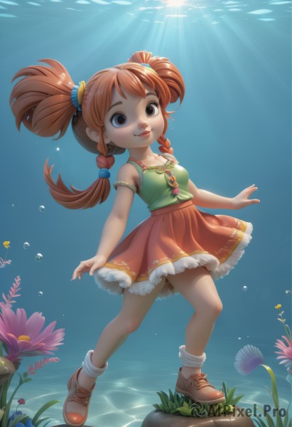 1girl,solo,long hair,breasts,smile,skirt,brown hair,shirt,hair ornament,twintails,brown eyes,standing,full body,braid,flower,red hair,shoes,sleeveless,socks,water,orange hair,twin braids,lips,red skirt,sunlight,sneakers,child,armband,armlet,fish,bubble,light rays,underwater,air bubble,sunbeam,shell,blue eyes,jewelry,artist name,necklace,tank top,grass,hair bobbles,mushroom,submerged,coral