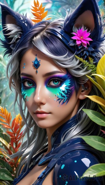 1girl,solo,long hair,breasts,looking at viewer,bangs,blue eyes,hair ornament,animal ears,cleavage,jewelry,medium breasts,closed mouth,upper body,flower,grey hair,multicolored hair,earrings,outdoors,artist name,cat ears,hair flower,blurry,from side,aqua eyes,lips,animal ear fluff,eyelashes,makeup,leaf,facial mark,piercing,plant,lipstick,gem,portrait,nature,extra ears,pink flower,eyeshadow,freckles,pink lips,nose,red lips,eyeliner,facepaint,forehead jewel,mascara,black hair,shiny,light particles,close-up,realistic