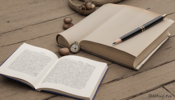 book,no humans,watch,wooden floor,paper,open book,pen,pencil,notebook,pocket watch,still life,wooden table,basket,mushroom