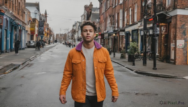 solo,looking at viewer,short hair,brown hair,shirt,black hair,long sleeves,1boy,brown eyes,standing,jacket,white shirt,male focus,outdoors,multiple boys,open clothes,solo focus,day,pants,open jacket,black pants,ground vehicle,building,scenery,motor vehicle,clenched hands,6+boys,city,realistic,car,road,street,orange jacket,photo background,crosswalk,real world location,jewelry,sky,tree,walking,pocket,brown jacket,sign,lamppost,people,vanishing point