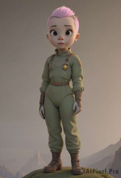 1girl,solo,looking at viewer,short hair,simple background,gloves,closed mouth,standing,full body,pink hair,boots,outdoors,belt,black eyes,lips,brown footwear,child,very short hair,jumpsuit,brown eyes,artist name,uniform,military,aged down,mountain,undercut