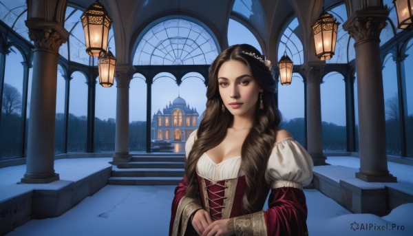 1girl,solo,long hair,breasts,looking at viewer,brown hair,hair ornament,long sleeves,dress,cleavage,bare shoulders,brown eyes,jewelry,medium breasts,collarbone,upper body,earrings,outdoors,detached sleeves,puffy sleeves,wide sleeves,tree,lips,night,wavy hair,own hands together,building,corset,snow,lantern,stairs,architecture,lamppost,pillar,bare tree,arch,bodice,braid,parted lips,sky,hair flower,window,makeup,juliet sleeves,scenery,hair over shoulder,realistic