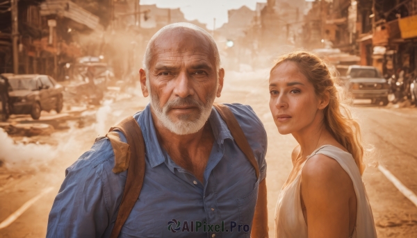 1girl,long hair,looking at viewer,blonde hair,brown hair,shirt,1boy,dress,brown eyes,upper body,white hair,outdoors,parted lips,sleeveless,day,collared shirt,bag,white dress,blurry,lips,blurry background,facial hair,backpack,blue shirt,ground vehicle,building,motor vehicle,beard,city,realistic,mustache,car,road,bald,manly,old,old man,street