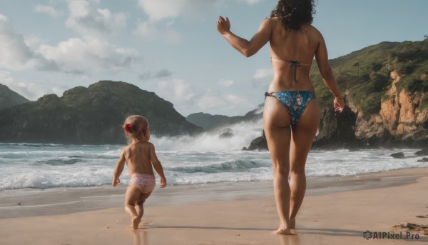 short hair,multiple girls,brown hair,black hair,hair ornament,1boy,2girls,standing,swimsuit,ass,flower,bikini,outdoors,sky,shorts,barefoot,day,cloud,hair flower,dark skin,water,from behind,dark-skinned female,blue sky,bare legs,side-tie bikini bottom,ocean,back,beach,topless,floral print,cloudy sky,tan,child,blue bikini,walking,running,age difference,rock,mountain,sand,facing away,hibiscus,print bikini,waves,mountainous horizon,median furrow,footprints,long hair,bare shoulders,scenery,realistic