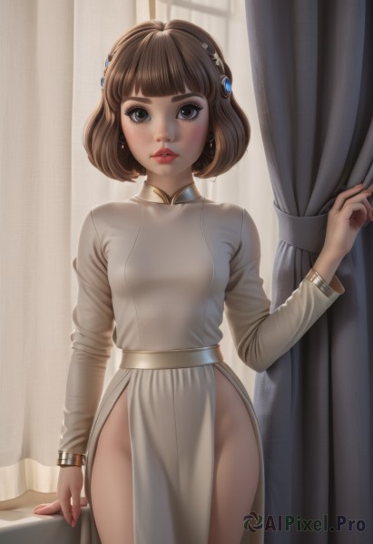 1girl,solo,breasts,looking at viewer,short hair,bangs,brown hair,hair ornament,long sleeves,dress,brown eyes,jewelry,standing,thighs,cowboy shot,earrings,small breasts,parted lips,artist name,indoors,blunt bangs,white dress,bracelet,lips,groin,see-through,window,makeup,no panties,bob cut,lipstick,curtains,gem,pelvic curtain,backlighting,realistic,nose,red lips,curtain grab,blush,fingernails,eyelashes,side slit,eyeshadow,legs together,see-through silhouette