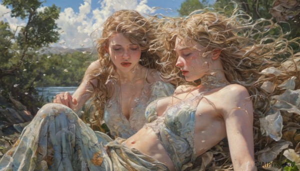 long hair,breasts,open mouth,multiple girls,skirt,blonde hair,brown hair,dress,navel,2girls,cleavage,bare shoulders,jewelry,medium breasts,closed eyes,braid,flower,earrings,outdoors,lying,parted lips,sky,day,pointy ears,midriff,cloud,on back,necklace,tree,blue sky,lips,petals,eyelashes,floating hair,blue dress,holding hands,bird,siblings,leaf,wavy hair,white flower,sisters,wind,nature,twins,mountain,realistic,red lips,on ground,sitting,collarbone,teeth,sleeveless,tears,water,white dress,wet,see-through,sideboob,sleeveless dress,cloudy sky,crying,wet clothes,carrying,curly hair,nose,fantasy,wet hair,dirty,unconscious