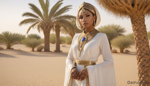 1girl,solo,looking at viewer,smile,short hair,brown hair,black hair,long sleeves,dress,brown eyes,jewelry,closed mouth,standing,upper body,earrings,outdoors,one eye closed,day,dark skin,wide sleeves,necklace,white dress,dark-skinned female,tree,lips,ring,own hands together,gem,robe,realistic,sand,palm tree,headdress,egyptian,egyptian clothes,desert,breasts,parted lips,nail polish,fingernails,makeup,beach,scenery,hoop earrings,nose,forehead jewel,white robe,eye of horus