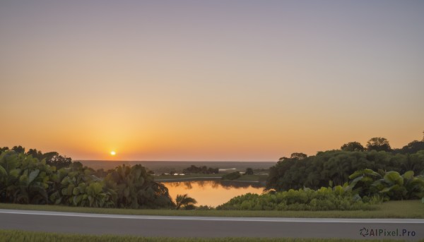 outdoors,sky,cloud,water,tree,no humans,ocean,grass,plant,nature,scenery,sunset,sun,horizon,road,bush,evening,gradient sky,orange sky,forest,river,landscape