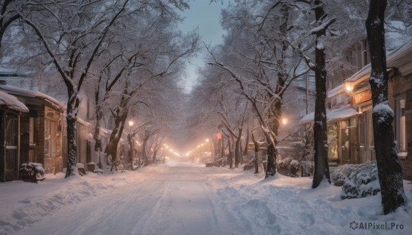 outdoors, sky, tree, no humans, building, scenery, snow, winter, lamppost, bare tree