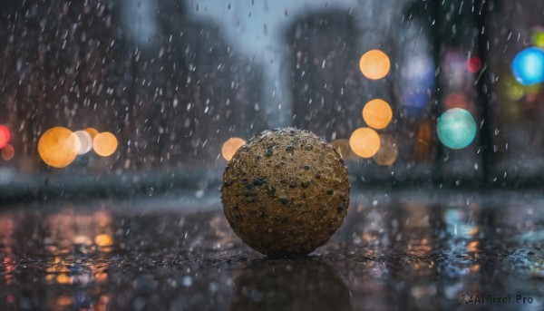 outdoors, blurry, no humans, night, depth of field, blurry background, scenery, reflection, rain, water drop, bokeh, city lights