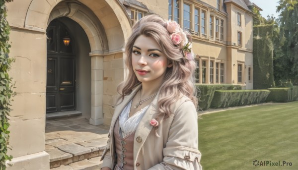 1girl,solo,long hair,looking at viewer,smile,brown hair,shirt,hair ornament,brown eyes,jewelry,jacket,upper body,flower,outdoors,open clothes,day,hair flower,necklace,tree,lips,window,makeup,buttons,rose,wavy hair,sunlight,light brown hair,plant,lipstick,building,corset,pink flower,curly hair,realistic,door,house,pink rose,arch,blonde hair,sky,scenery,hands in pockets