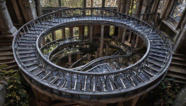 indoors,tree,no humans,window,sunlight,plant,building,scenery,stairs,fantasy,railing,architecture,bridge,pillar,stained glass,church,arch,column,from above,nature,forest