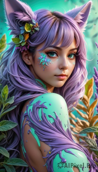 1girl,solo,long hair,breasts,looking at viewer,bangs,large breasts,hair ornament,animal ears,jewelry,medium breasts,closed mouth,green eyes,upper body,purple hair,flower,nude,earrings,artist name,hair flower,blurry,from side,aqua eyes,lips,fox ears,eyelashes,sideboob,makeup,blurry background,leaf,facial mark,plant,lipstick,eyeshadow,nose,eyeliner,extra ears,facepaint,bodypaint,mascara