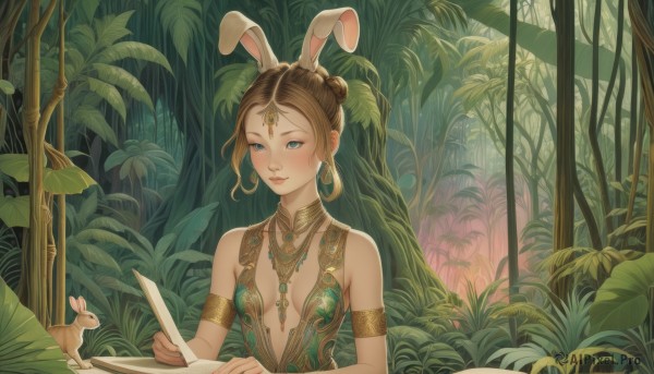 1girl,solo,breasts,looking at viewer,blush,smile,blue eyes,brown hair,dress,holding,animal ears,cleavage,bare shoulders,jewelry,medium breasts,closed mouth,upper body,earrings,small breasts,outdoors,necklace,hair bun,rabbit ears,lips,animal,leaf,single hair bun,plant,nature,armlet,forest,rabbit,hoop earrings,paper,center opening,reading,bamboo,writing,updo,short hair,braid,sleeveless,tree,book,sleeveless dress,holding book,green dress,open book