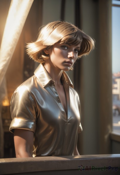 1girl,solo,breasts,short hair,bangs,blonde hair,shirt,brown eyes,white shirt,upper body,short sleeves,small breasts,parted lips,day,collared shirt,artist name,indoors,signature,blurry,lips,window,dress shirt,buttons,depth of field,blurry background,wing collar,realistic,nose,unbuttoned,partially unbuttoned,looking at viewer,blue eyes,sunlight