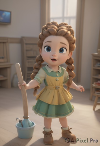 1girl,solo,long hair,looking at viewer,smile,open mouth,blue eyes,brown hair,dress,holding,twintails,standing,full body,braid,short sleeves,shoes,socks,indoors,blurry,twin braids,window,blurry background,brown footwear,table,child,green dress,female child,shelf,cabinet,shirt,frills,teeth,puffy sleeves,puffy short sleeves,depth of field,upper teeth only,thick eyebrows,aged down,white socks,bucket