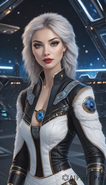 1girl,solo,long hair,breasts,looking at viewer,cleavage,jewelry,medium breasts,upper body,white hair,grey hair,earrings,necklace,lips,grey eyes,fur trim,makeup,night,lipstick,pendant,eyeshadow,science fiction,nose,red lips,gloves,artist name,signature,cape,bodysuit,gem,star (sky),realistic,space