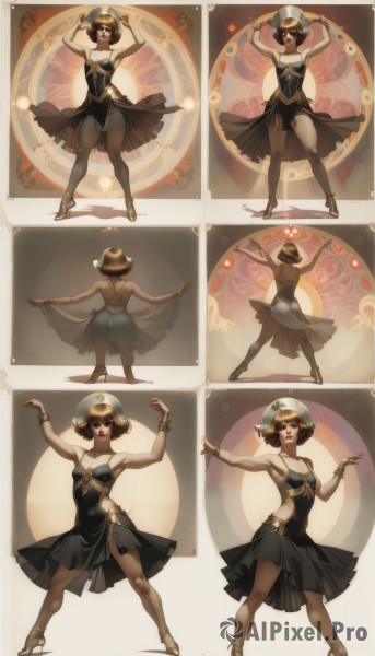 1girl,breasts,smile,short hair,skirt,brown hair,black hair,dress,bare shoulders,jewelry,pantyhose,alternate costume,black dress,high heels,bracelet,see-through,strapless,multiple views,dancing,looking at viewer,blue eyes,standing,arms up,leotard,fighting stance,realistic,ballerina,ballet slippers,ballet,tutu