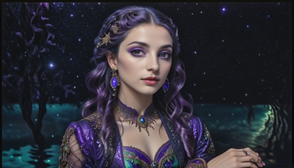 1girl,solo,long hair,breasts,looking at viewer,hair ornament,dress,cleavage,jewelry,medium breasts,closed mouth,purple eyes,upper body,purple hair,braid,earrings,outdoors,sky,choker,artist name,signature,necklace,nail polish,bracelet,tree,lips,fingernails,eyelashes,makeup,night,wavy hair,border,ring,lipstick,brooch,gem,star (sky),nature,night sky,purple dress,eyeshadow,starry sky,curly hair,pink lips,realistic,nose,purple nails,red lips,eyeliner,lake,blue gemstone,mascara,green gemstone,purple eyeshadow,purple gemstone,water,forehead