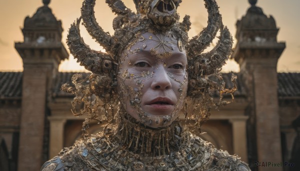 1girl,solo,looking at viewer,jewelry,closed mouth,outdoors,horns,blurry,black eyes,lips,dutch angle,depth of field,blurry background,helmet,crown,building,portrait,realistic,fake horns,gold,earrings,sky,necklace,chain,veil,headdress,architecture