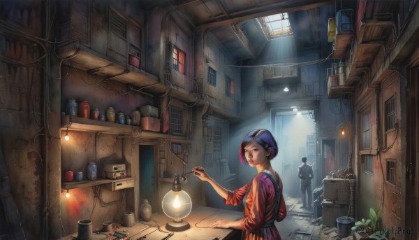 1girl,short hair,shirt,black hair,hair ornament,1boy,hat,holding,standing,solo focus,hairclip,looking back,indoors,apron,lips,window,makeup,sunlight,bottle,plant,box,scenery,light rays,lantern,stairs,door,potted plant,light,lamp,paintbrush,ladle,kitchen,jar,cabinet,painting (action),stove,looking at viewer,blue hair,purple hair,bag,bucket