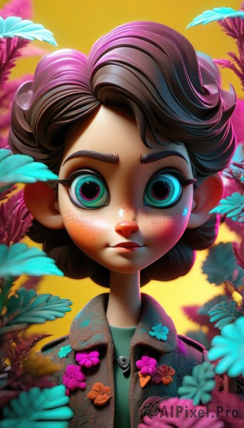 1girl,solo,looking at viewer,short hair,blue eyes,brown hair,shirt,closed mouth,green eyes,jacket,upper body,flower,artist name,blurry,lips,depth of field,leaf,plant,portrait,yellow background,pink flower,freckles,blue flower,curly hair,sunset,multicolored eyes,orange background,purple flower,black hair,eyelashes,watermark,child,zipper,backlighting,unzipped,female child