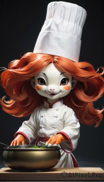 1girl,solo,long hair,looking at viewer,smile,open mouth,simple background,long sleeves,hat,holding,brown eyes,upper body,red hair,food,orange hair,apron,:3,buttons,colored skin,blush stickers,black background,furry,curly hair,furry female,cooking,frying pan,chef hat,chef,oven mitts,gloves,teeth,wide sleeves,black eyes,floating hair,white headwear,white skin,buck teeth