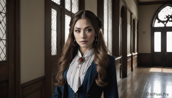 1girl,solo,long hair,looking at viewer,brown hair,brown eyes,jewelry,upper body,earrings,indoors,lips,ascot,window,makeup,formal,suit,brooch,reflection,curly hair,mole,chair,sunlight,lipstick,hoop earrings,realistic