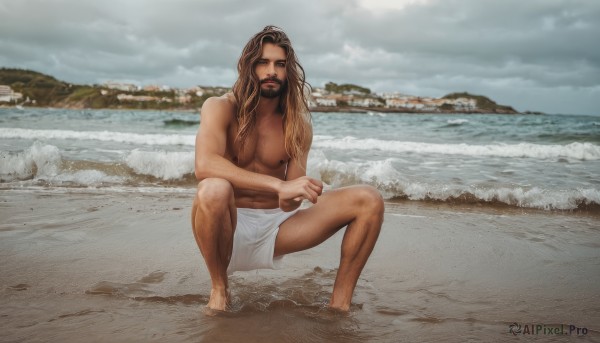 solo,long hair,looking at viewer,brown hair,1boy,nipples,full body,male focus,outdoors,sky,barefoot,cloud,water,wet,facial hair,ocean,beach,squatting,pectorals,muscular male,beard,topless male,realistic,mustache,sand,chest hair,leg hair,arm hair,fine art parody,navel,holding,brown eyes,closed mouth,day,muscular,parody,cloudy sky,horizon,manly,loincloth,waves