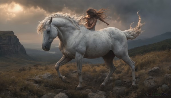 1girl,solo,long hair,breasts,brown hair,medium breasts,weapon,nude,outdoors,sky,cloud,dark skin,from side,floating hair,animal,cloudy sky,grass,fire,scenery,rock,realistic,fantasy,arrow (projectile),riding,horse,horseback riding,no humans,mountain,field,taur