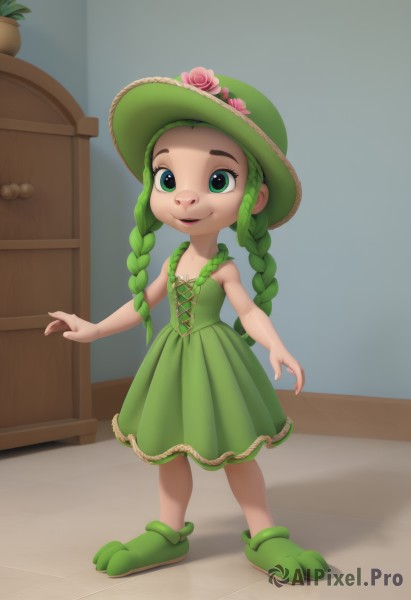 1girl,solo,long hair,looking at viewer,smile,open mouth,hat,dress,twintails,green eyes,standing,full body,braid,flower,green hair,sleeveless,indoors,twin braids,flat chest,sleeveless dress,rose,plant,child,pink flower,green dress,green headwear,hat flower,female child,slippers,pink rose,bare shoulders,shoes,artist name,shadow,wooden floor,potted plant,green footwear,flower pot