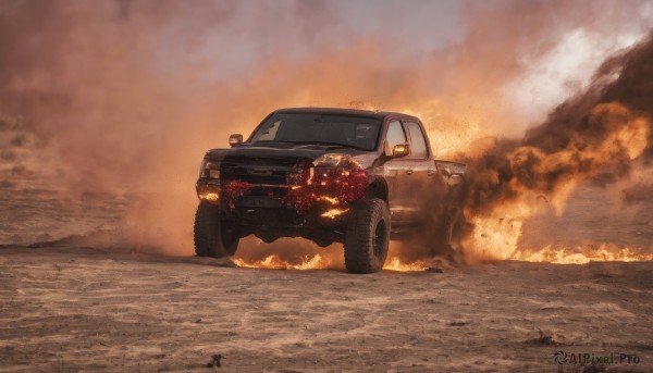 outdoors,signature,no humans,fire,ground vehicle,motor vehicle,smoke,realistic,car,explosion,vehicle focus,dust,burning,truck,sky