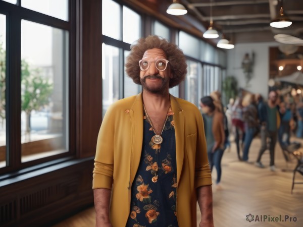 solo,looking at viewer,brown hair,shirt,1boy,jacket,upper body,male focus,multiple boys,open clothes,glasses,solo focus,day,indoors,dark skin,blurry,window,tattoo,depth of field,blurry background,facial hair,floral print,sunglasses,blue shirt,beard,round eyewear,mustache,yellow jacket,bald,chest hair,afro,hawaiian shirt,smile,open mouth,brown eyes,jewelry,standing,parted lips,teeth,pants,necklace,grin,tree,coat,black shirt,parody,sleeves rolled up,arms at sides,brown coat,arm hair,ceiling light,people