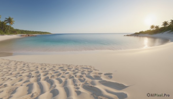 outdoors,sky,day,water,tree,blue sky,no humans,shadow,ocean,beach,scenery,reflection,sand,palm tree,sun,horizon,shore,desert,cloud,sunlight,nature,motor vehicle,footprints,island