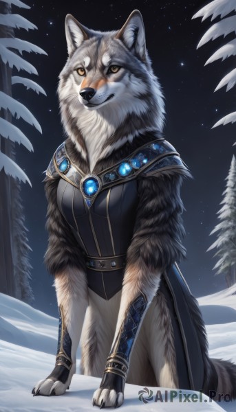 1girl,solo,breasts,looking at viewer,smile,brown eyes,jewelry,closed mouth,standing,yellow eyes,outdoors,sky,belt,artist name,signature,cape,armor,tree,no humans,night,animal,brooch,shoulder armor,gem,star (sky),night sky,furry,snow,starry sky,snowing,furry female,white fur,winter,wolf,pine tree,tail,claws