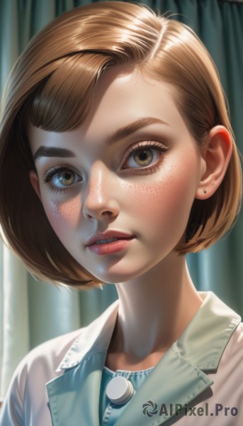 1girl,solo,looking at viewer,short hair,bangs,brown hair,shirt,brown eyes,jewelry,upper body,earrings,parted lips,teeth,lips,eyelashes,bob cut,thick eyebrows,curtains,portrait,freckles,realistic,nose,stud earrings