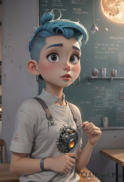 1girl,solo,looking at viewer,blush,short hair,shirt,holding,brown eyes,jewelry,sitting,blue hair,white shirt,upper body,short sleeves,earrings,parted lips,teeth,collared shirt,indoors,hair bun,english text,lips,upper teeth only,moon,single hair bun,thick eyebrows,suspenders,aged down,t-shirt,child,desk,freckles,science fiction,watch,hoop earrings,spoon,classroom,wristwatch,overalls,chalkboard,mechanical parts,light bulb,chair,table,genderswap,genderswap (mtf),nose,clock