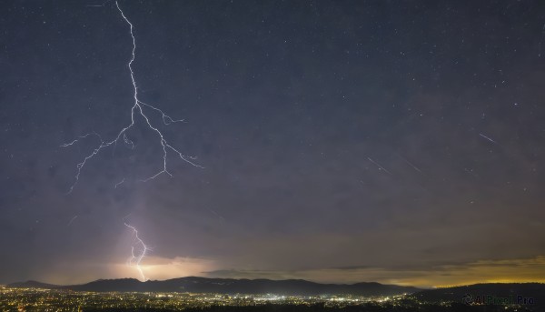 1girl,solo,outdoors,sky,cloud,no humans,night,star (sky),night sky,scenery,starry sky,city,horizon,silhouette,cityscape,lightning,shooting star,city lights,dark,landscape,hill