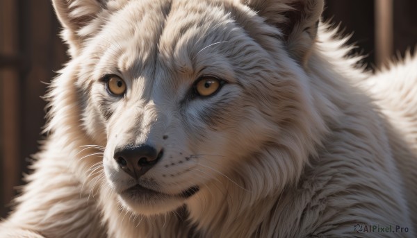 solo,looking at viewer,brown eyes,closed mouth,yellow eyes,indoors,blurry,no humans,depth of field,blurry background,animal,cat,portrait,close-up,realistic,animal focus,white fur,whiskers,artist name,signature,colored sclera