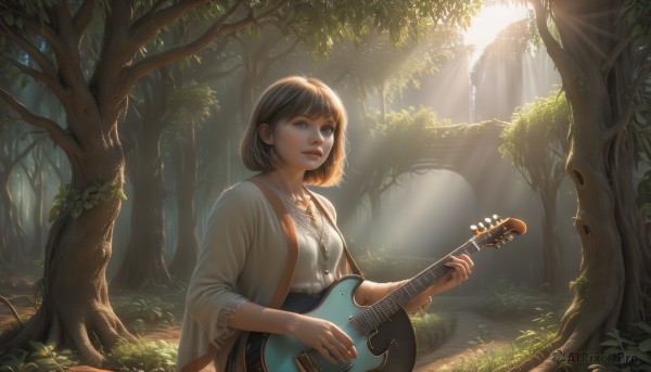 1girl,solo,looking at viewer,short hair,bangs,skirt,brown hair,shirt,long sleeves,holding,brown eyes,jewelry,white shirt,upper body,outdoors,parted lips,open clothes,day,necklace,tree,lips,leaf,sunlight,bob cut,grass,plant,instrument,nature,scenery,forest,backlighting,light rays,realistic,nose,music,guitar,sunbeam,playing instrument,dappled sunlight,holding instrument,acoustic guitar,blouse,electric guitar,plectrum