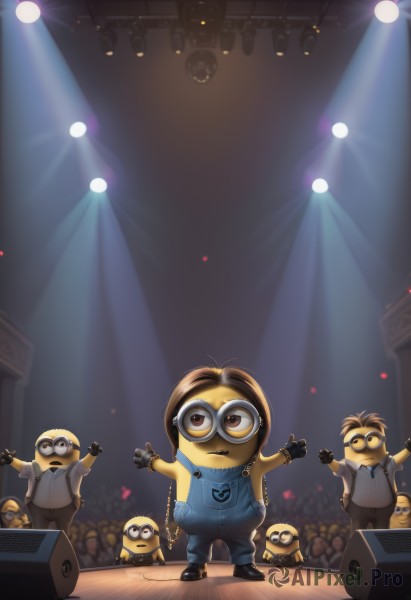 1girl,smile,short hair,brown hair,shirt,gloves,brown eyes,closed mouth,standing,male focus,heart,multiple boys,necktie,glasses,black gloves,pants,indoors,fingerless gloves,black footwear,arms up,chain,suspenders,outstretched arms,goggles,microphone,6+boys,round eyewear,spread arms,overalls,dancing,crowd,stage,speaker,lights,spotlight,stage lights,glowstick,yellow skin,screen,6+others,concert,audience,open mouth,2boys,cosplay,colored skin,bird,looking up,light rays,realistic,light,penguin,blue overalls