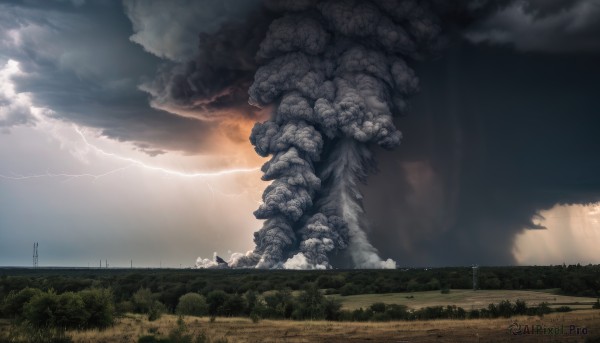 outdoors,sky,cloud,tree,no humans,cloudy sky,grass,nature,scenery,smoke,monster,mountain,giant,lightning,landscape,kaijuu,science fiction,electricity