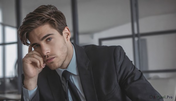 solo,looking at viewer,short hair,blue eyes,brown hair,shirt,long sleeves,1boy,closed mouth,jacket,white shirt,upper body,male focus,necktie,collared shirt,indoors,hand up,blurry,black jacket,window,blurry background,facial hair,formal,suit,black necktie,hand on own face,realistic,stubble,black suit,depth of field,expressionless,head rest