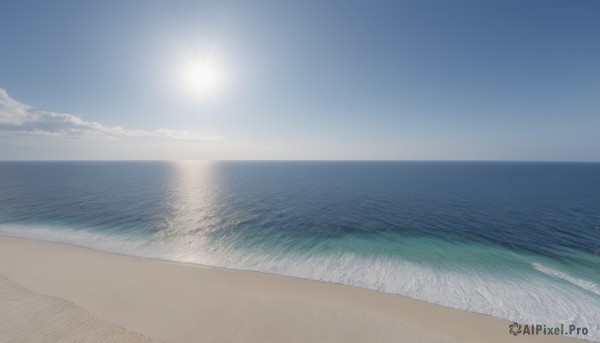 outdoors,sky,day,cloud,water,blue sky,no humans,ocean,beach,scenery,sand,sun,horizon,road,waves,shore,monochrome,sunlight,blue theme