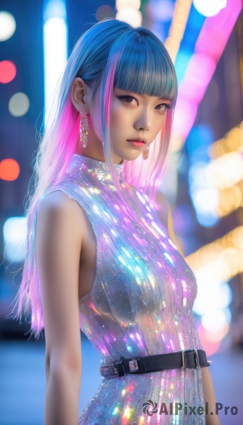 1girl,solo,long hair,breasts,looking at viewer,bangs,dress,brown eyes,jewelry,closed mouth,blue hair,upper body,pink hair,multicolored hair,earrings,small breasts,sleeveless,belt,blunt bangs,blurry,two-tone hair,lips,makeup,sleeveless dress,blurry background,realistic,nose,bare shoulders,medium breasts,artist name,depth of field,turtleneck,watermark,web address,black belt,bokeh,neon lights