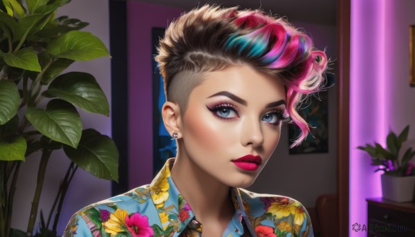 1girl,solo,looking at viewer,short hair,blue eyes,brown hair,shirt,jewelry,closed mouth,blue hair,pink hair,multicolored hair,earrings,collared shirt,indoors,two-tone hair,lips,streaked hair,eyelashes,makeup,piercing,floral print,blue shirt,plant,lipstick,ear piercing,portrait,eyeshadow,pink lips,nose,red lips,stud earrings,potted plant,eyeliner,undercut,print shirt,mascara,hawaiian shirt,portrait (object),blonde hair,flower,leaf,realistic,very short hair,leaf print,lipgloss