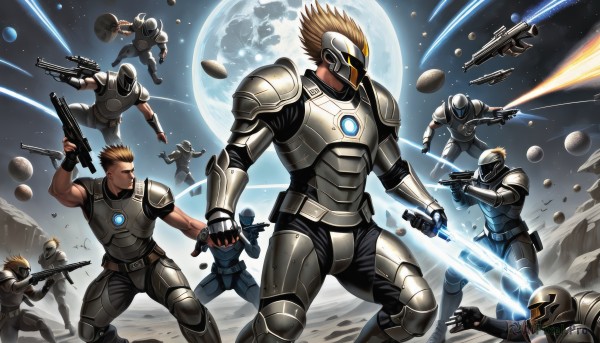 blonde hair,brown hair,gloves,holding,weapon,male focus,multiple boys,sky,sword,fingerless gloves,holding weapon,armor,gun,glowing,holding sword,moon,helmet,crossover,robot,spiked hair,star (sky),holding gun,rifle,full moon,handgun,science fiction,dual wielding,6+boys,rock,assault rifle,battle,space,submachine gun,planet,cyborg,firing,alien,power armor,energy sword,spacecraft,shotgun,energy gun,bullpup,helicopter,laser,lightsaber,signature,realistic,earth (planet),soldier,mohawk